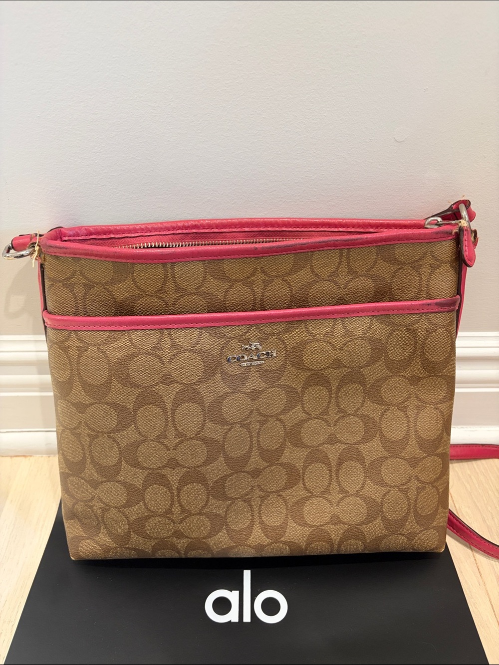 Coach Brown Signature Canvas Crossbody with Pink Trim project bag